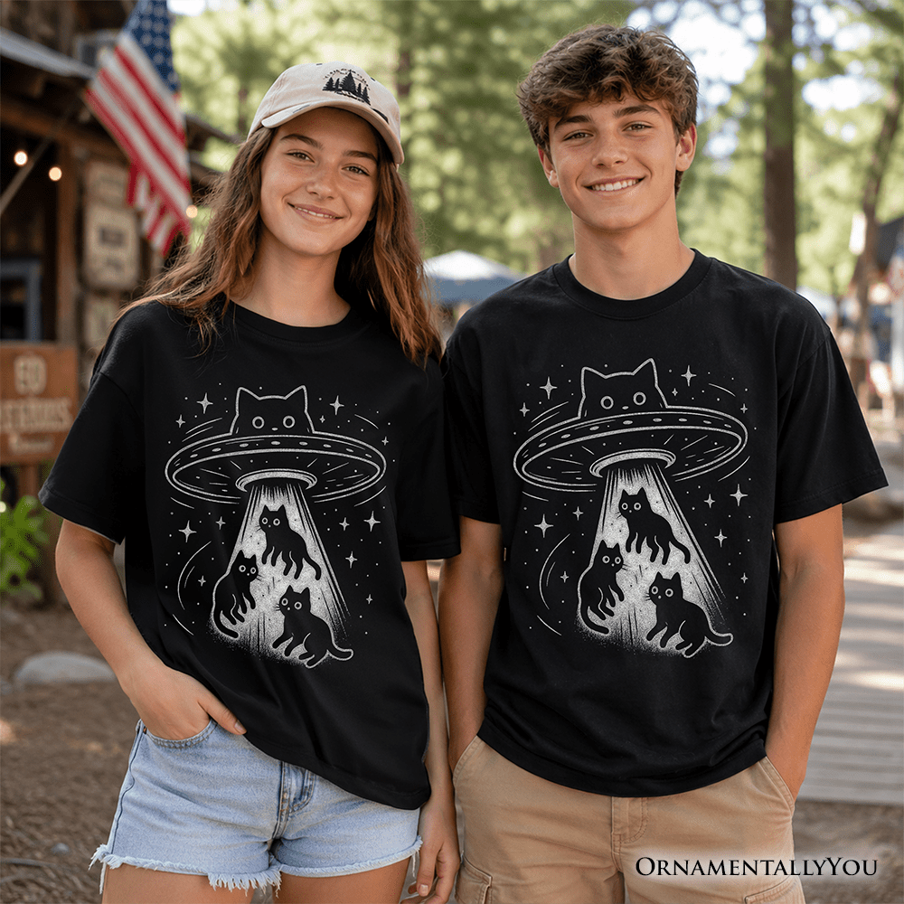 Kids Alien Cat Abduction T-Shirt, Funny Youth UFO Space Cats Cosmic Tee
