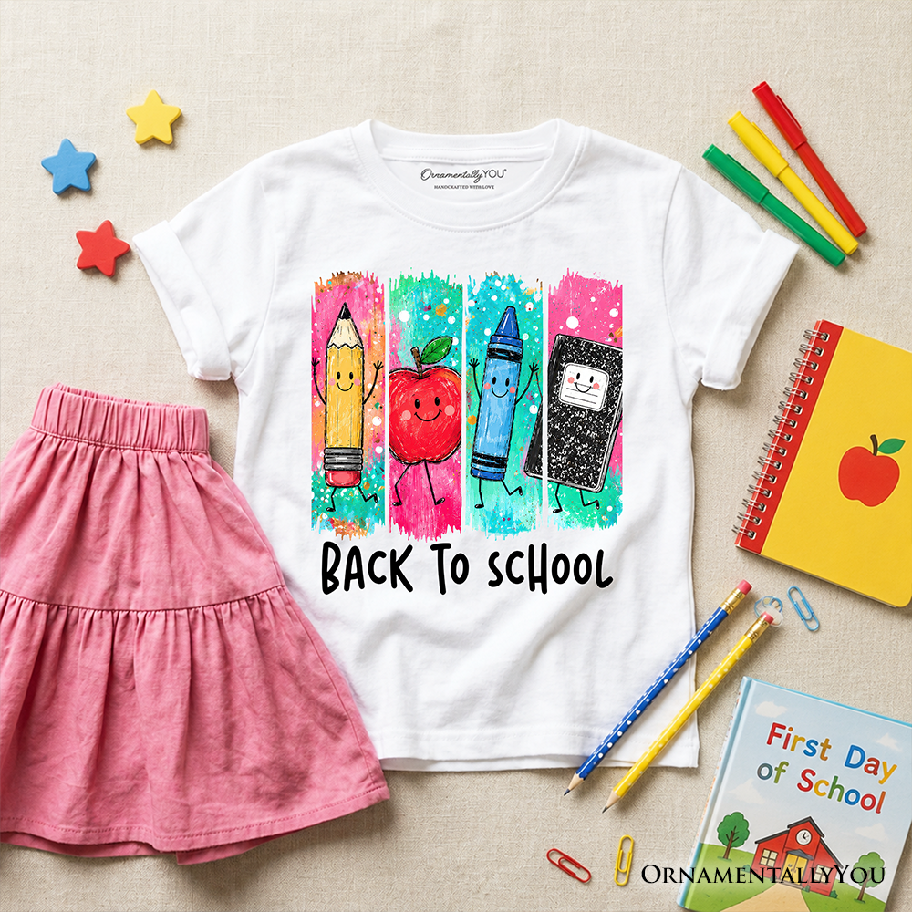 Kids Brushstroke Back to School T-Shirt, Apple Pencil Notebook Youth Tee for Student