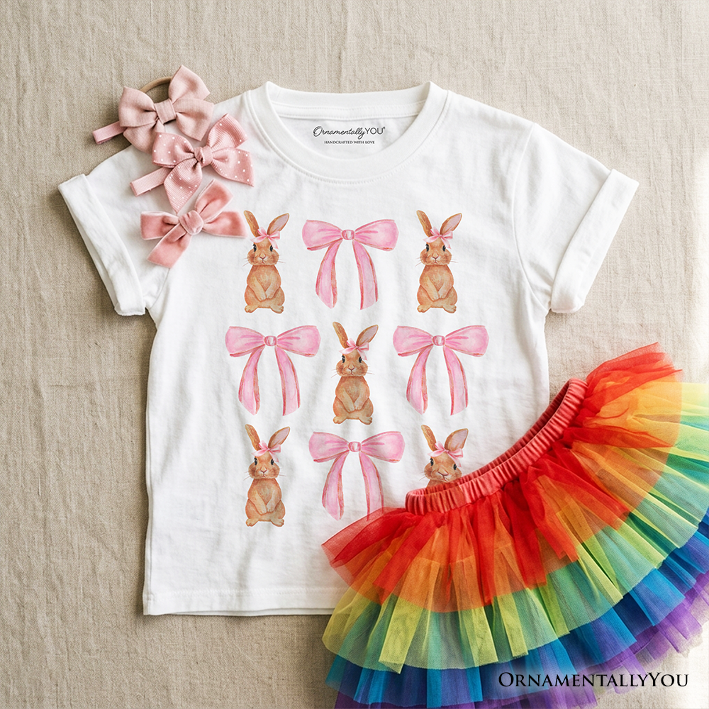 Kids Coquette Bunny Pink Bow Easter T-Shirt, Cute Girly Bunny Spring Tee for Youth