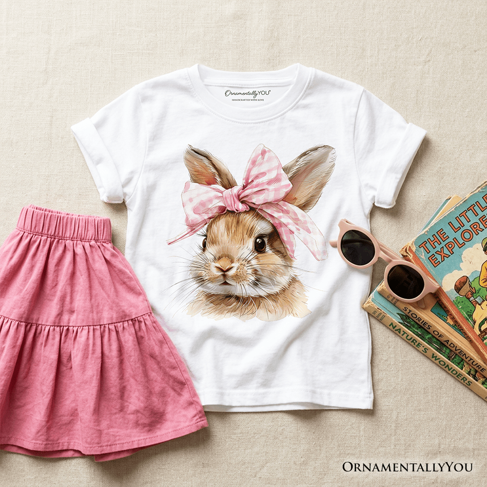Kids Easter Bunny Coquette Pink Bow T-Shirt, Cute Watercolor Spring Tee for Youth Girls