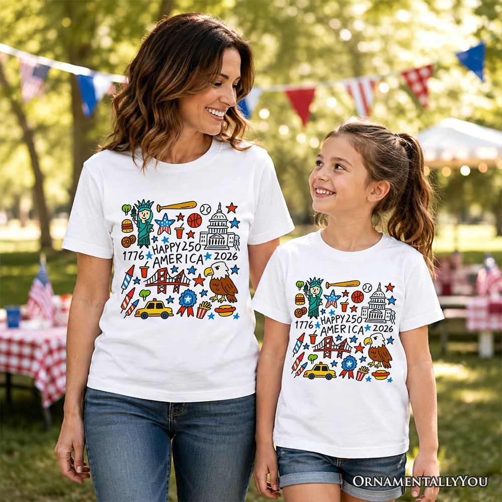 Kids Happy 250 America Doodle T-Shirt, Youth Patriotic USA 1776-2026 250th Anniversary Tee - Shaketea