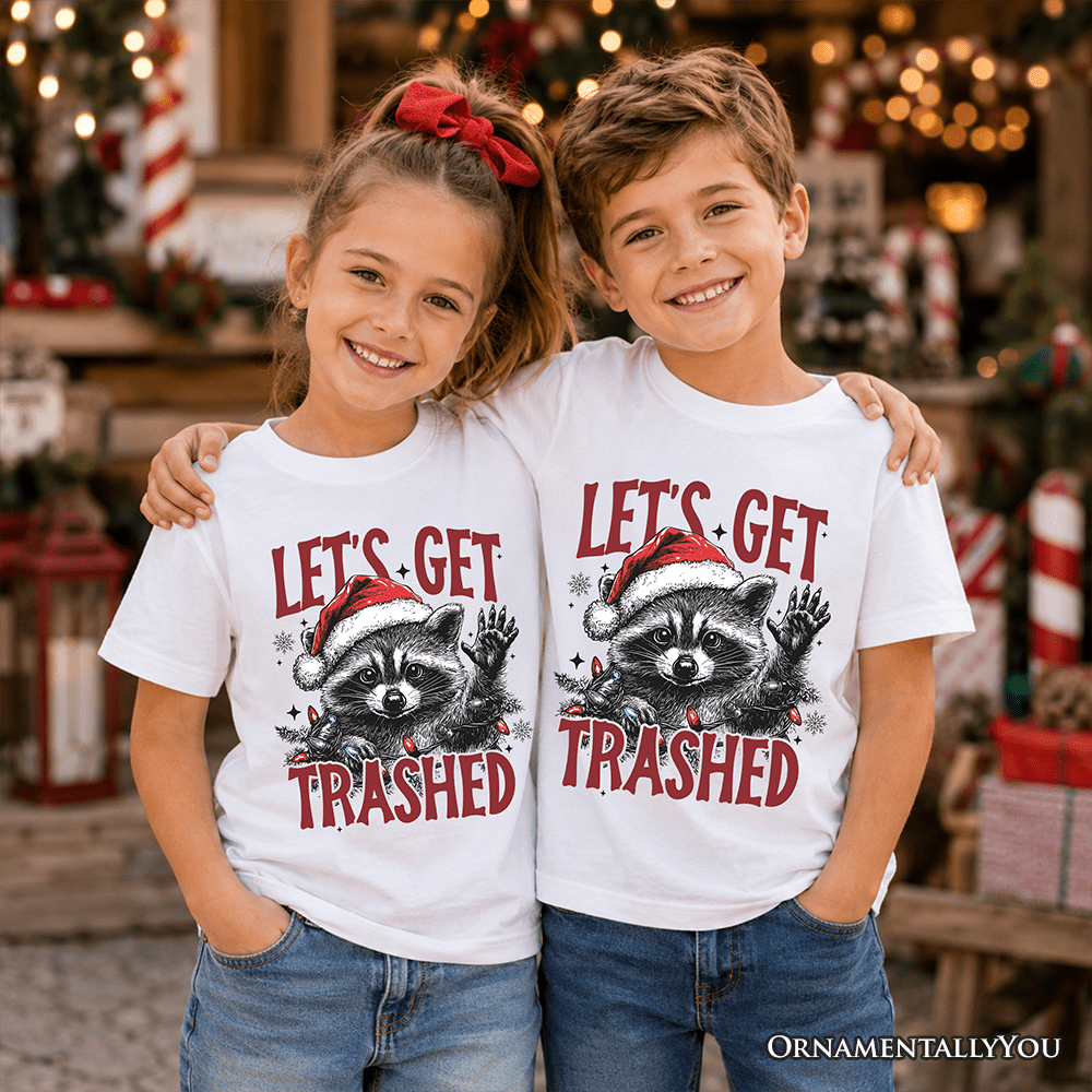 Kids Let's Get Trashed Christmas Raccoon T-Shirt, Funny Youth Tee
