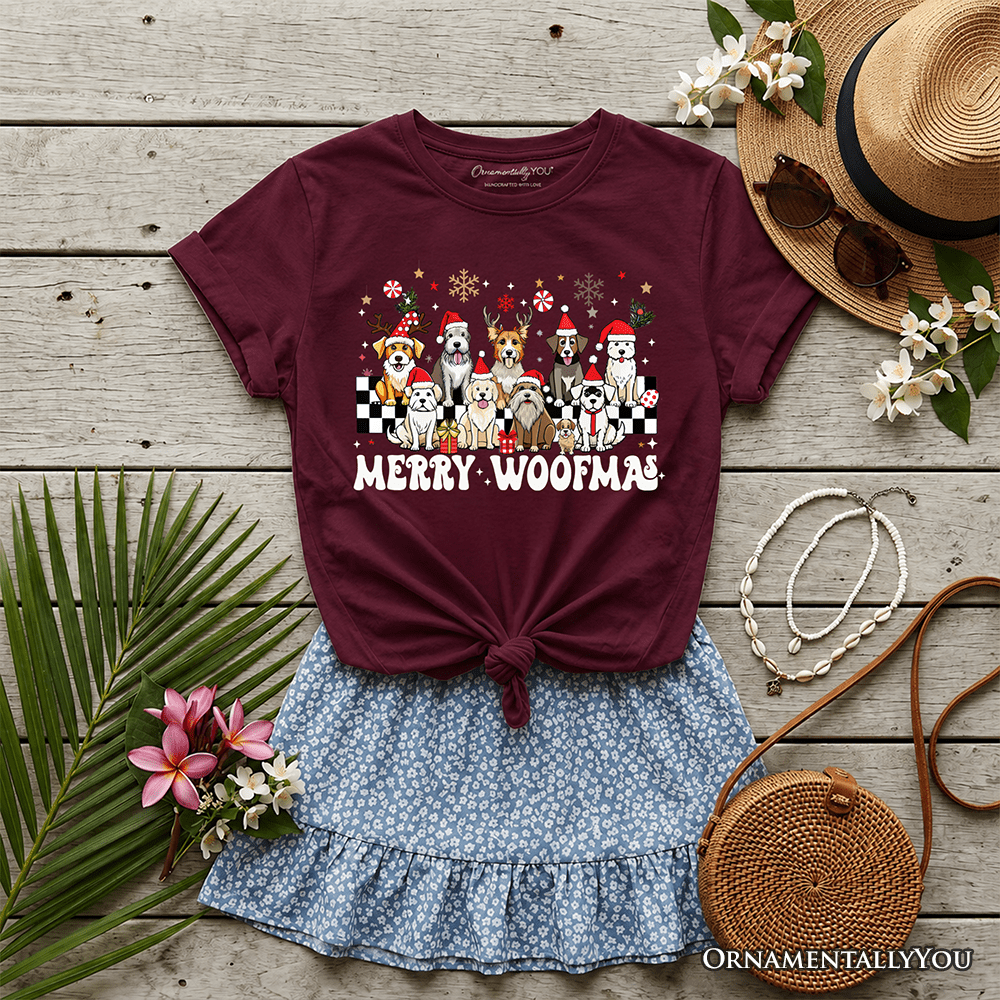 Kids Merry Woofmas Dog T-Shirt, Dogs With Santa Hats Christmas Youth Tee