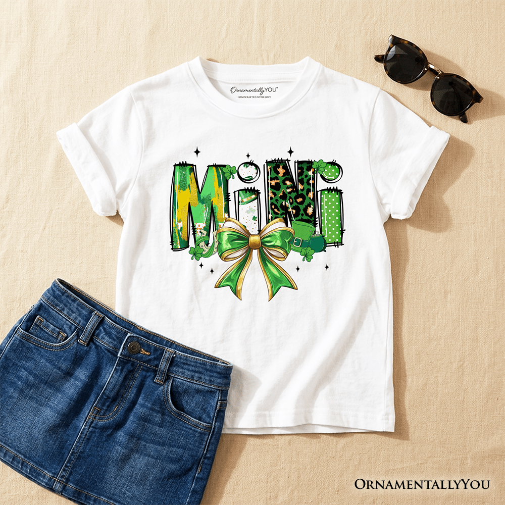Kids Mini Clover Bow St Patrick's Day T-Shirt, Coquette Lucky Shamrock Clover Tee for Youth
