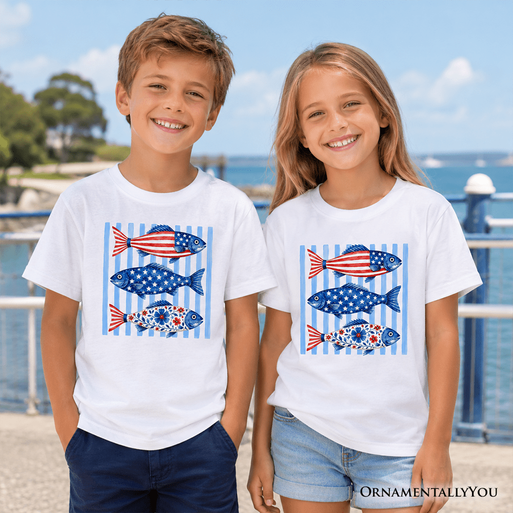 Kids Patriotic Fish Striped T-Shirt, 4th of July Beach Youth Tee