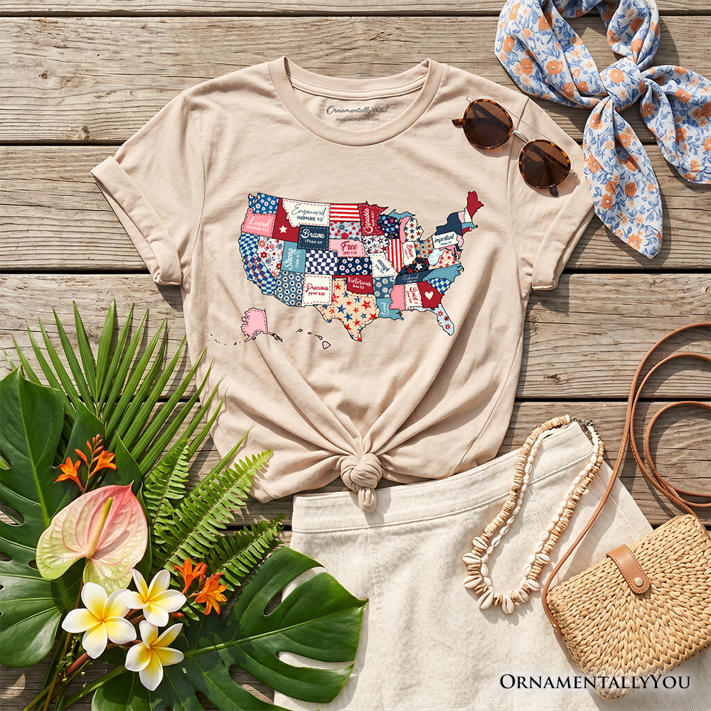 Kids Patriotic Patchwork USA T-Shirt, Quilted Map Youth Tee for American Fans