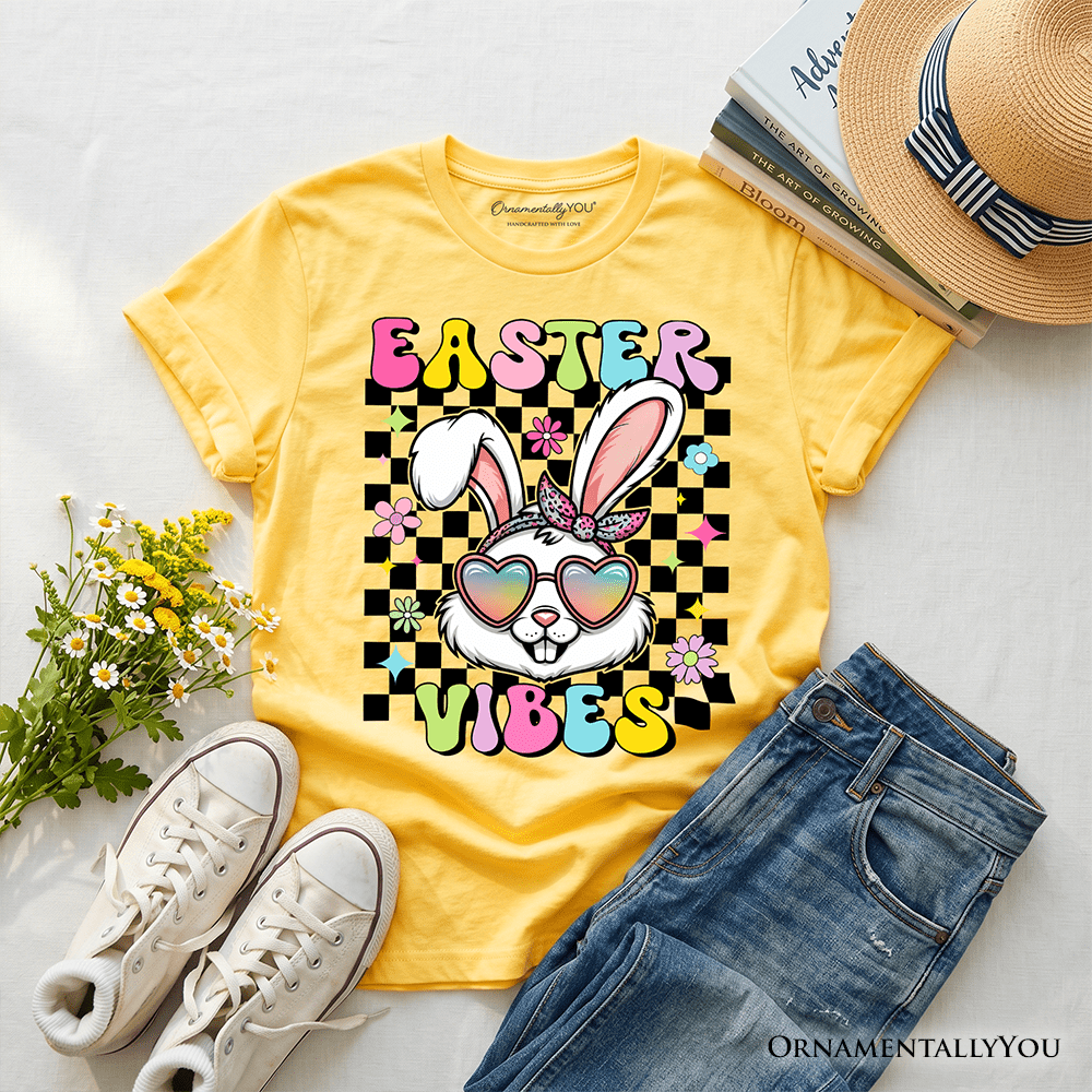 Kids Retro Easter Bunny Sunglasses T-Shirt, Groovy Youth Checkered Tee