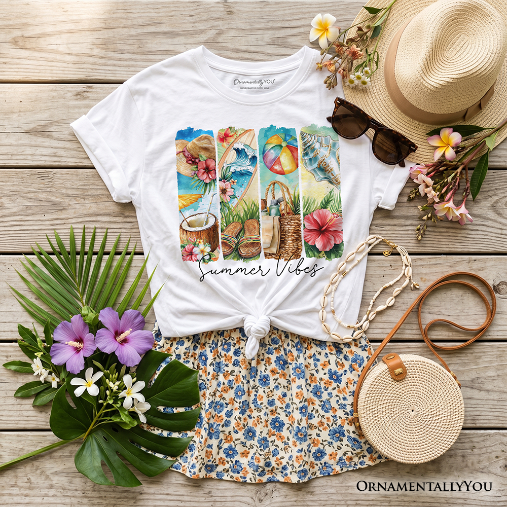 Kids Summer Vibes T-Shirt, Beach Tee with Coconut and Flowers for Youth