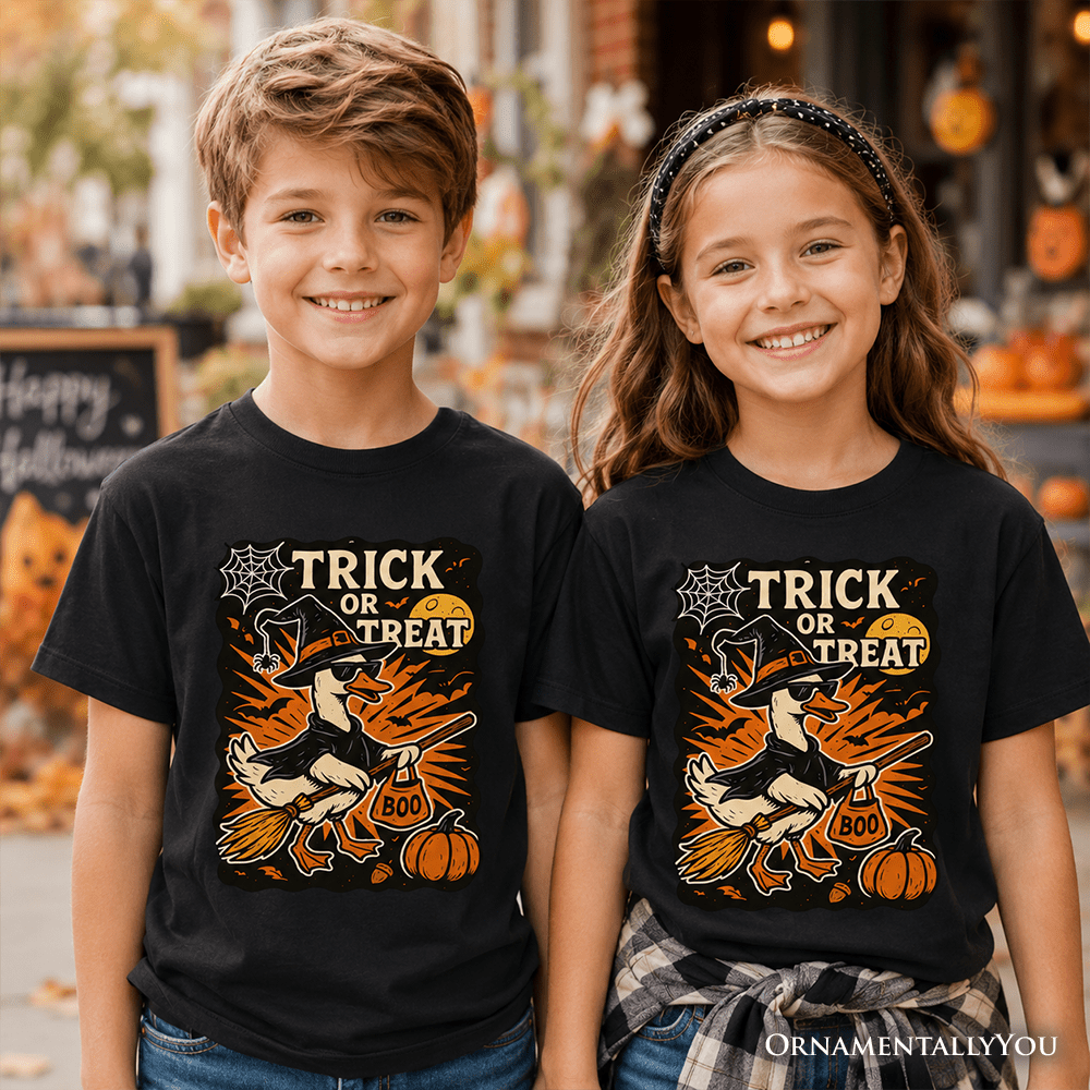 Kids Trick or Treat Goose T-Shirt, Vintage Halloween Witch Tee for Youth