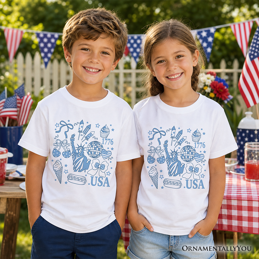 Kids USA Liberty Retro Coquette T-Shirt, Youth 1776 Patriotic 4th of July Tee