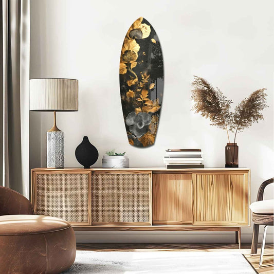 Gold Leaf Floral Surfboard Panel Glass Wall Art