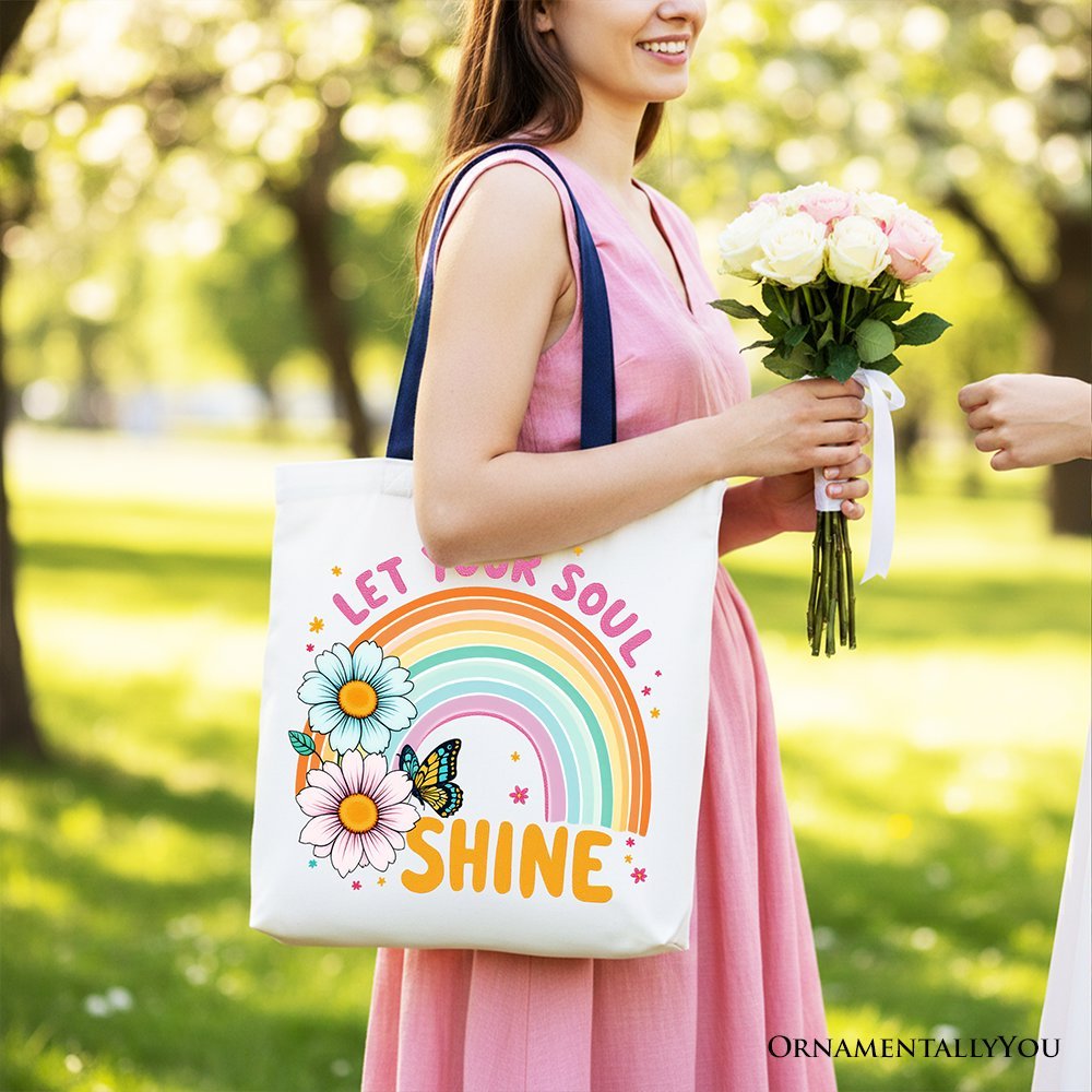 Let Your Soul Shine Rainbow Tote Bag, Retro Pastel Floral Feel Good Gift Shopper