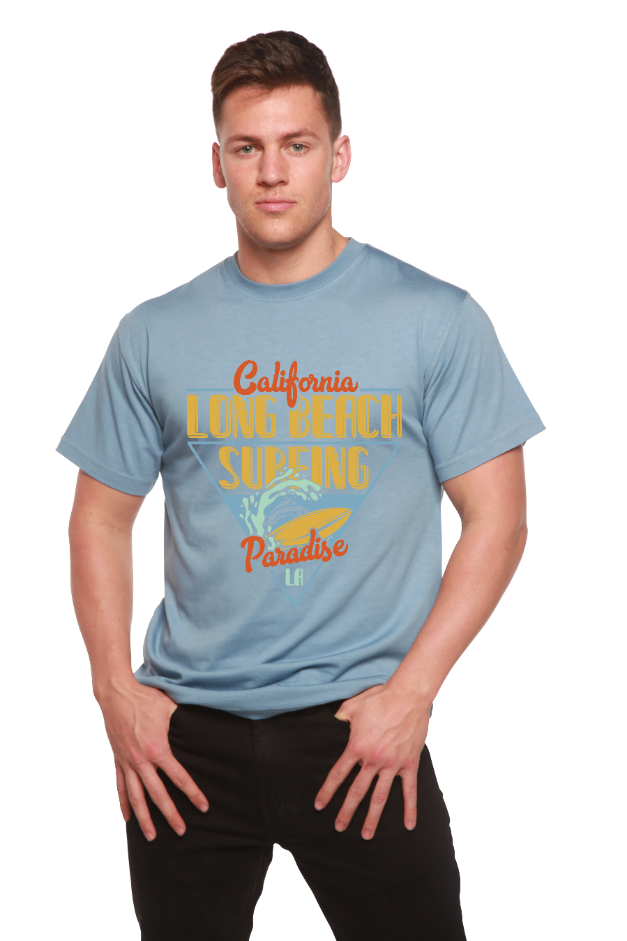 Long Beach Surfing Printed Men's Bamboo Viscose/Organic Cotton Short Sleeve Graphic T-Shirt - Shaketea