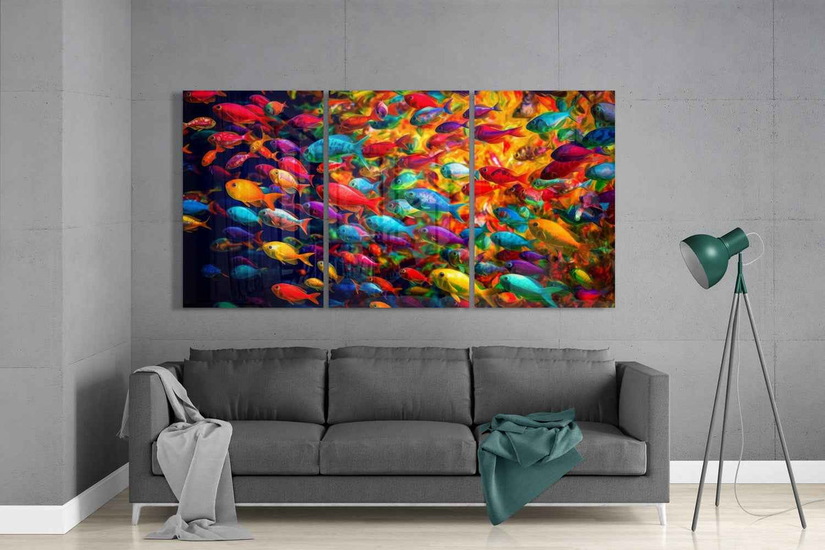 Rainbow Fish School Triptych Glass Wall Art