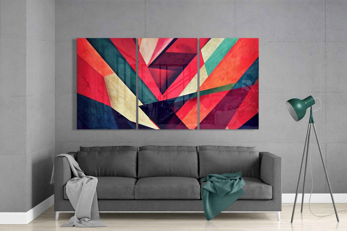 Crimson and Teal Diagonal Stripes Glass Wall Art