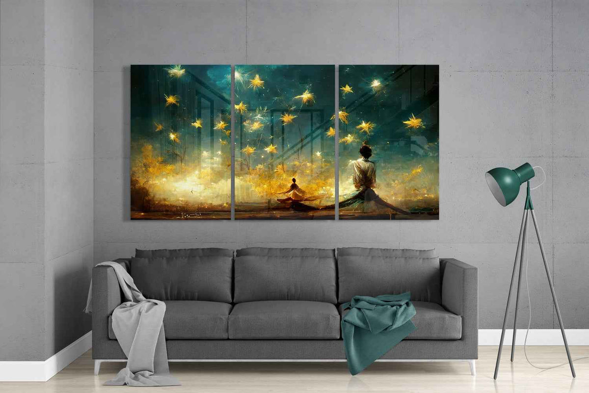 Golden Stars Over Teal Sky Meditation Glass Wall Art