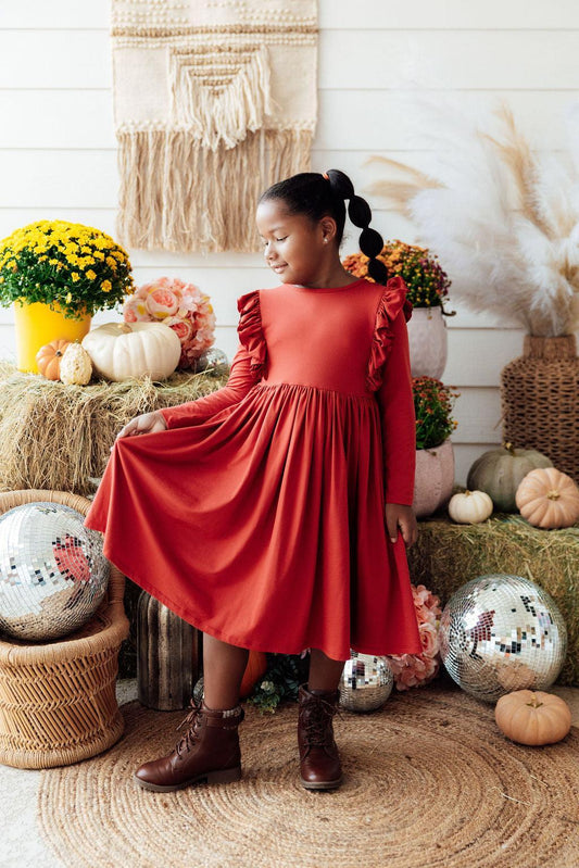 Pumpkin Spice L/S Ruffle Twirl Dress - Shaketea