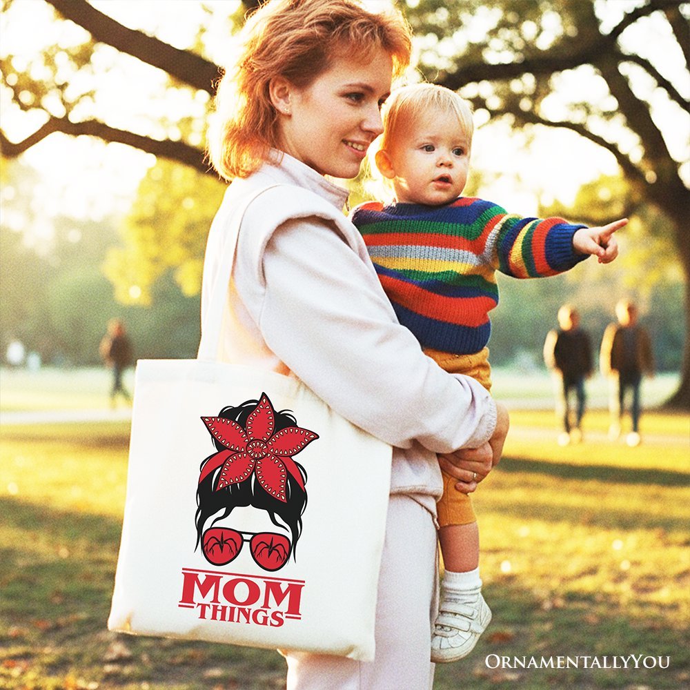 Mom Things Messy Bun Retro Canvas Tote Bag, Red Bandana Glasses Family Matching Gift Shopper