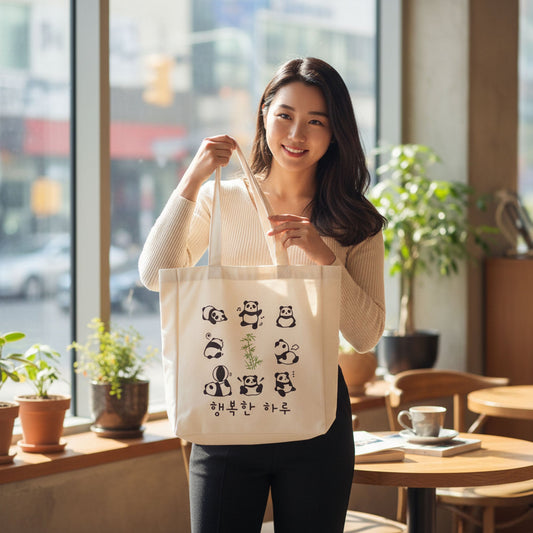 Panda Tote Bag Reusable Eco Flannel Shopping Bag with Zipper Closure