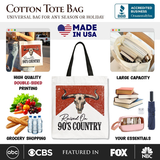 Raised On 90s Country Tote Bag, Vintage Bull Skull Gift Shopper