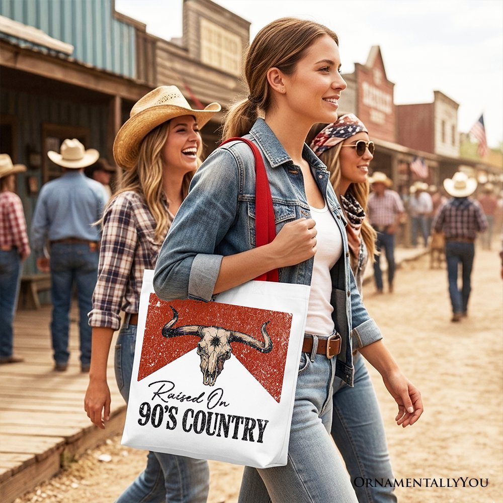 Raised On 90s Country Tote Bag, Vintage Bull Skull Gift Shopper