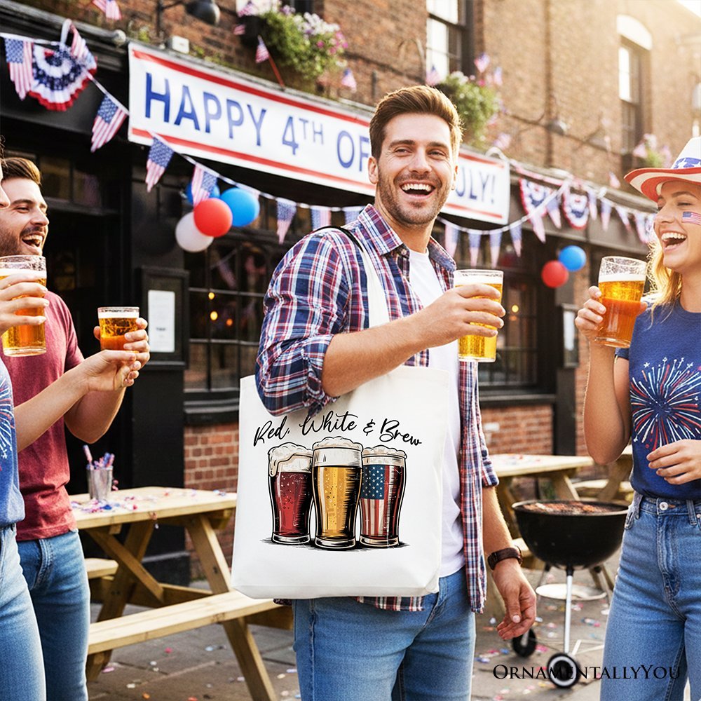 Red White and Brew Beer American Tote Bag, Patriotic USA 4th of July Gift Shopper