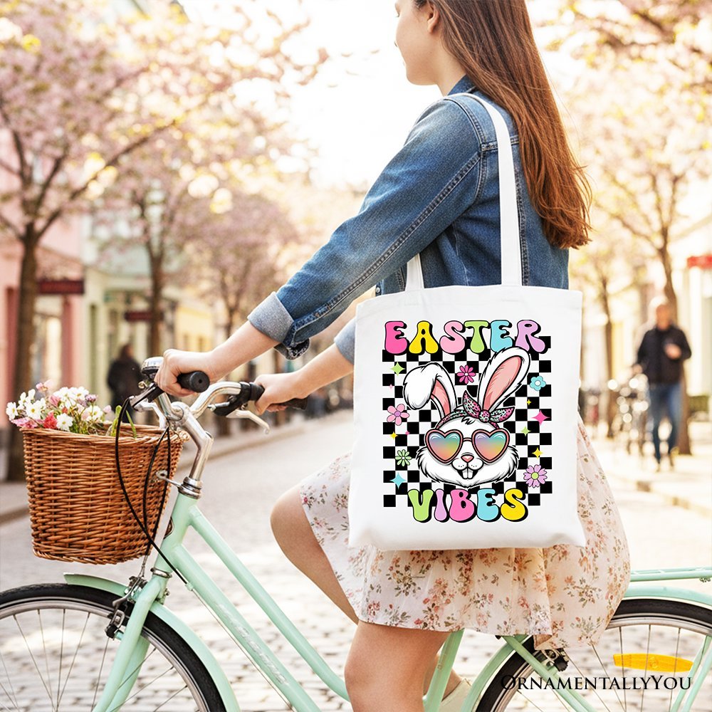 Retro Easter Bunny Sunglasses Tote Bag, Groovy Checkered Gift Shopper