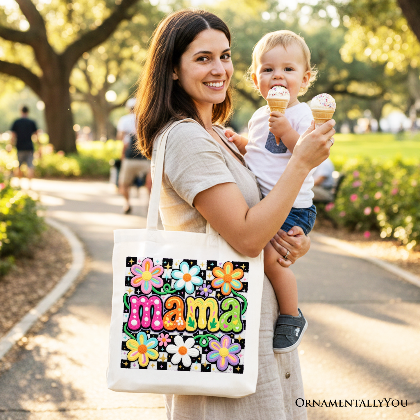 Retro Floral Mama Printed Faux Yarn Tote Bag, Colorful Mother's Day Gift Shopper