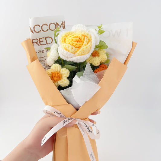 Rose Crochet Flowers Bouquet Knitted Flower Wrap with Light and Bag for Gift Home Decoration Ornaments