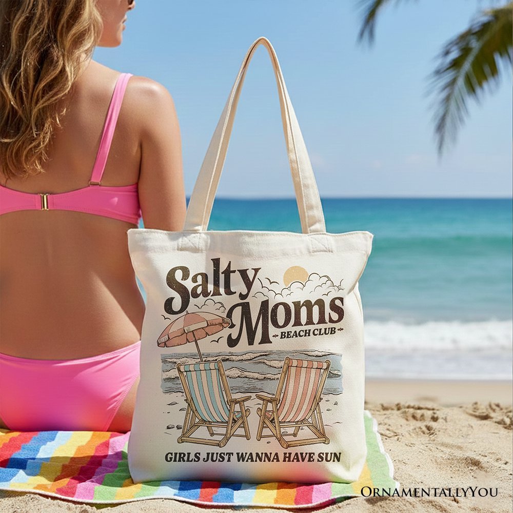Salty Moms Beach Club Canvas Tote Bag, Retro Summer Gift for Ocean Loving Mothers