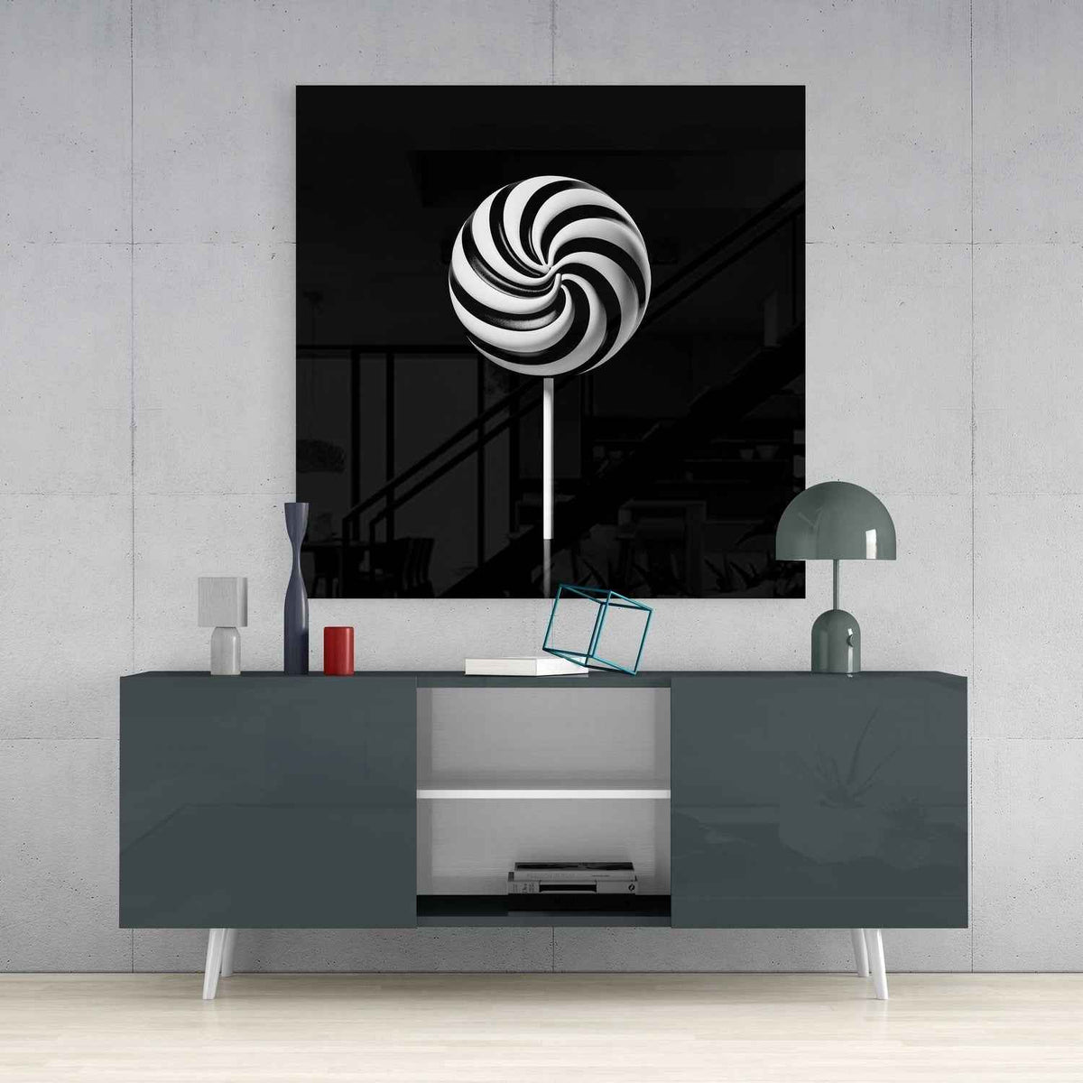 Black and White Swirl Lollipop Glass Wall Art