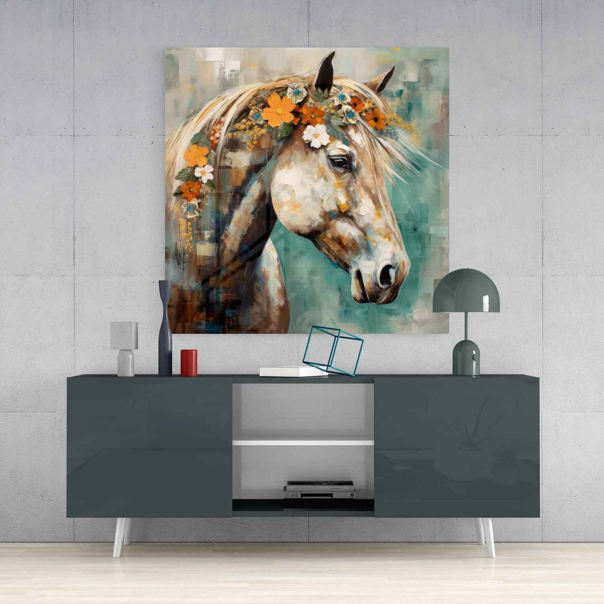 Orange Blossom Crowned Horse Glass Wall Art