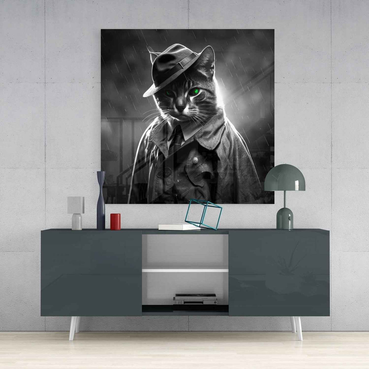 Detective Cat in Rain With Necktie Glass Wall Art