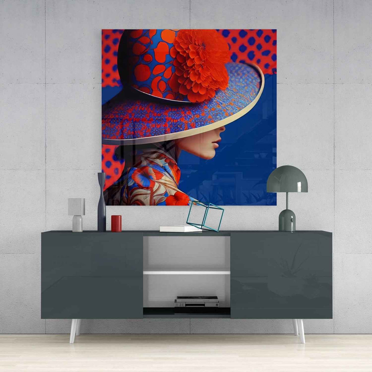 Red Bloom Wide Brim Hat Woman Glass Wall Art