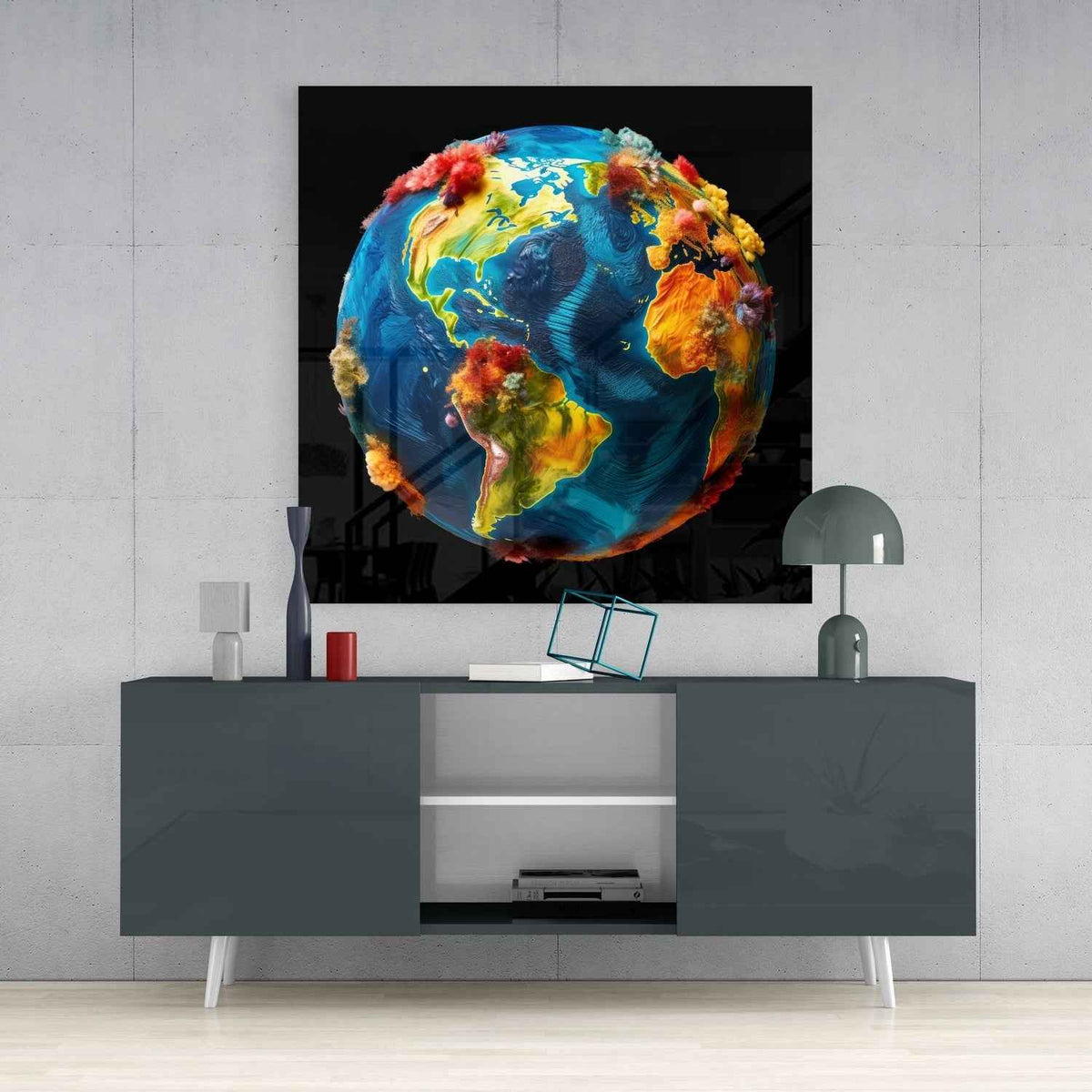 Painted Globe Color Bursts on Black Glass Wall Art
