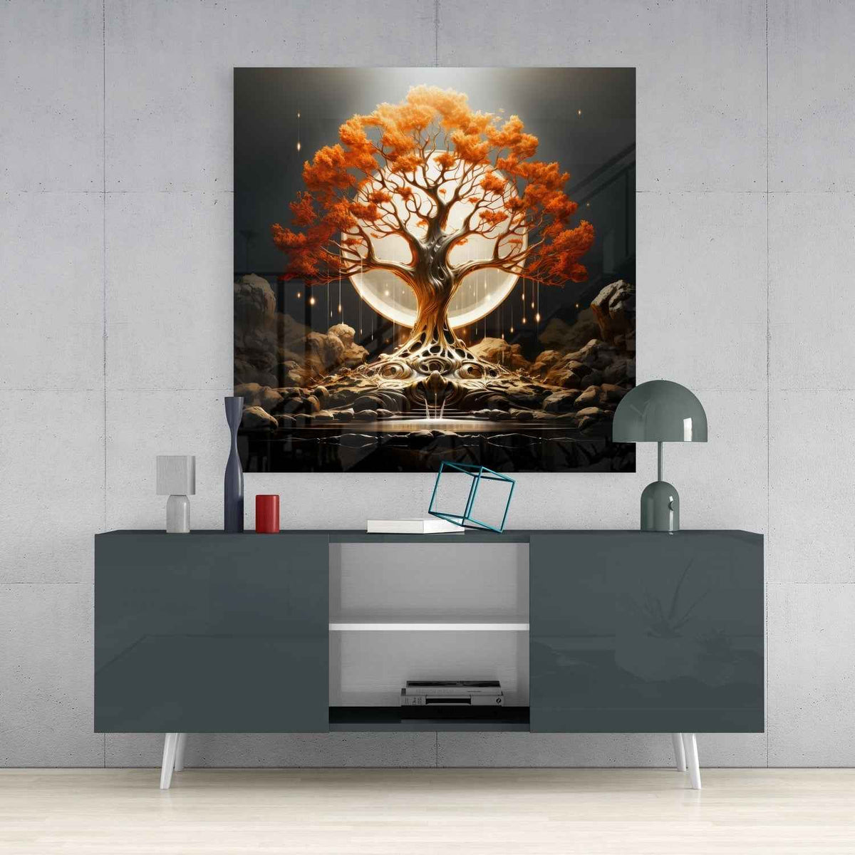 Autumn Orange Tree Of Life Full Moon Glass Wall Art