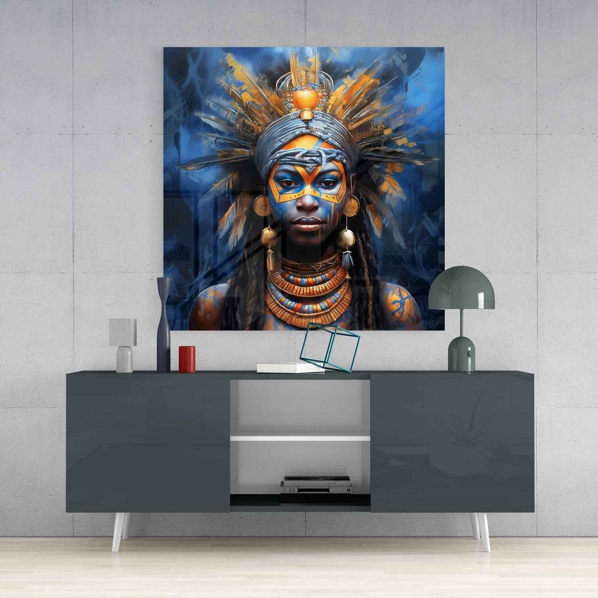 Blue and Gold Tribal Queen Feather Crown Glass Wall Art