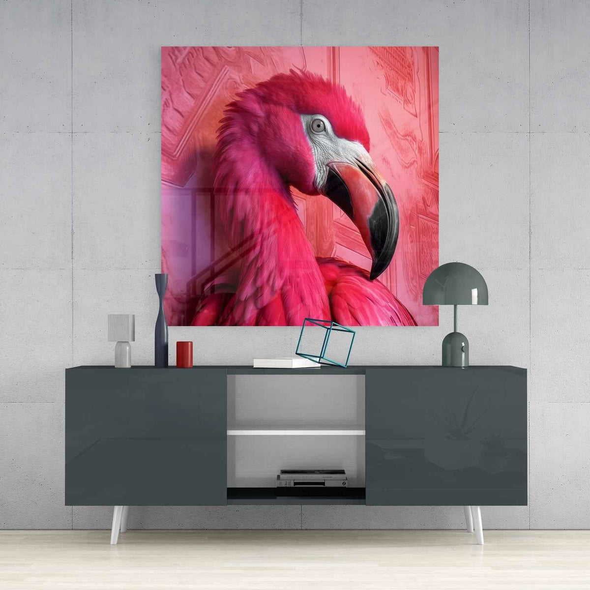 Crimson Red Feathered Flamingo Glass Wall Art