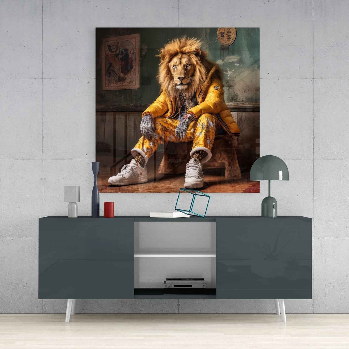 Lion In Yellow Puffer Jacket Sneakers Glass Wall Art