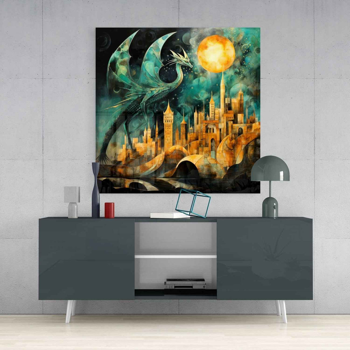 Teal Dragon Over Golden City Moon Glass Wall Art