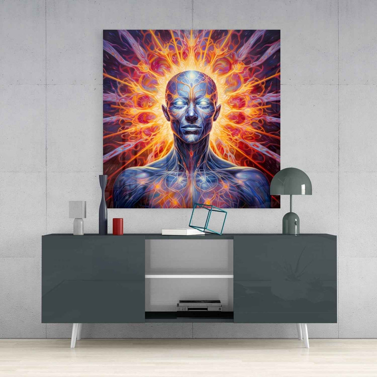 Blue Meditator Fiery Energy Aura Glass Wall Art