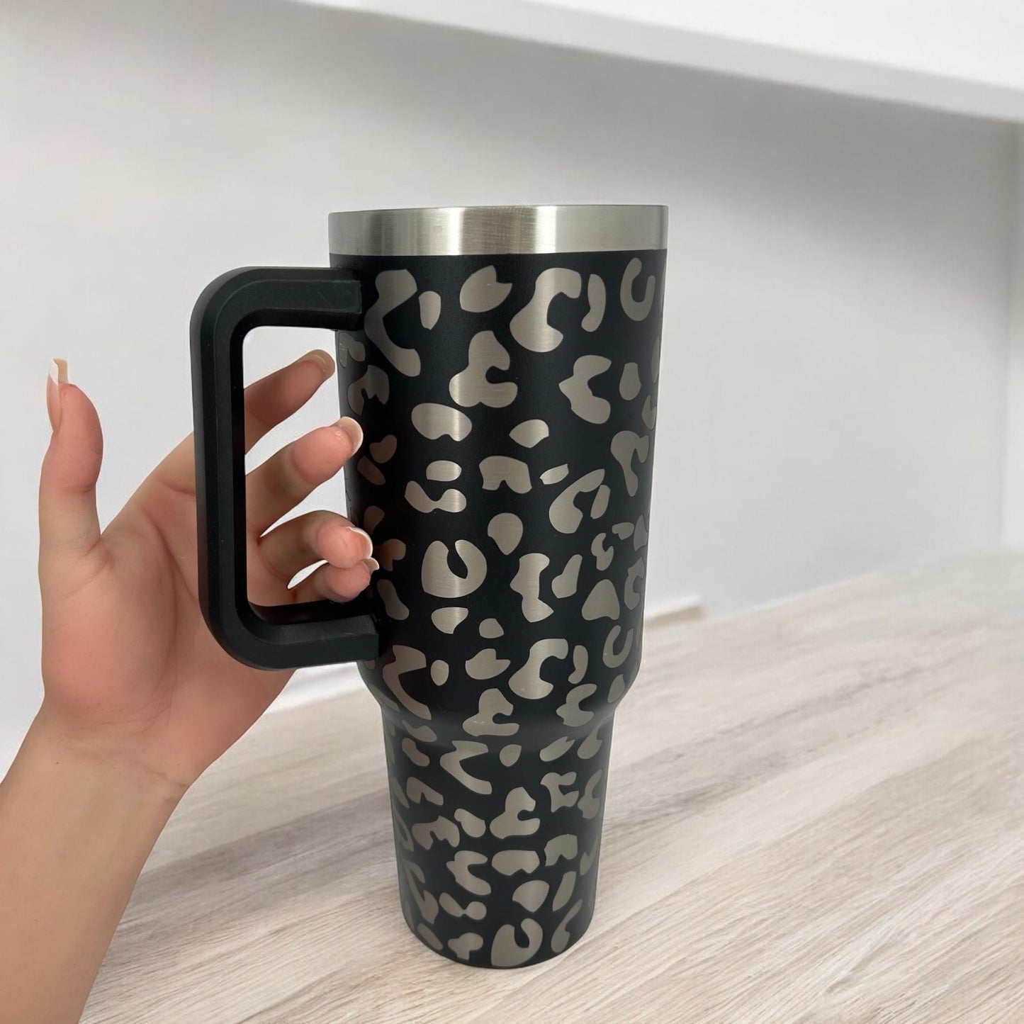 Stainless Steel 40oz Tumbler Double Wall Insulated Leopard with Handle and Straw