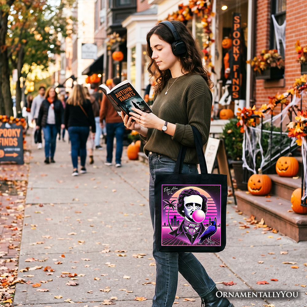 Synthwave 80's Styled Edgar Allan Poe Horror Tote Bag, Vaperwave Classic Retro Neon Halloween Gift Shopper