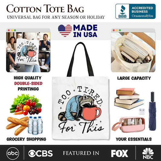 Too Tired For This Funny Raccoon Canvas Tote Bag, Retro Snarky Coffee Printed Gift Bag