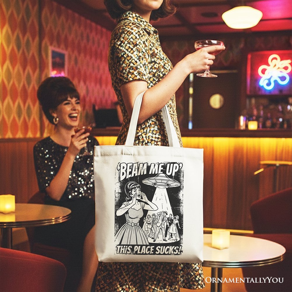 UFO Meme Beam Me Up This Place Sucks Canvas Tote Bag, Cynical Woman Alien Abduction Retro Comic Gift Shopper