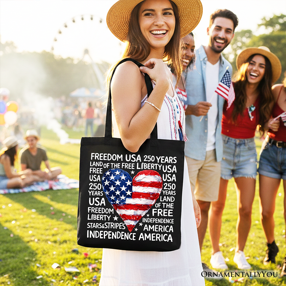 USA 250 Heart Patriotic Tote Bag, Retro 4th of July Gift Shopper