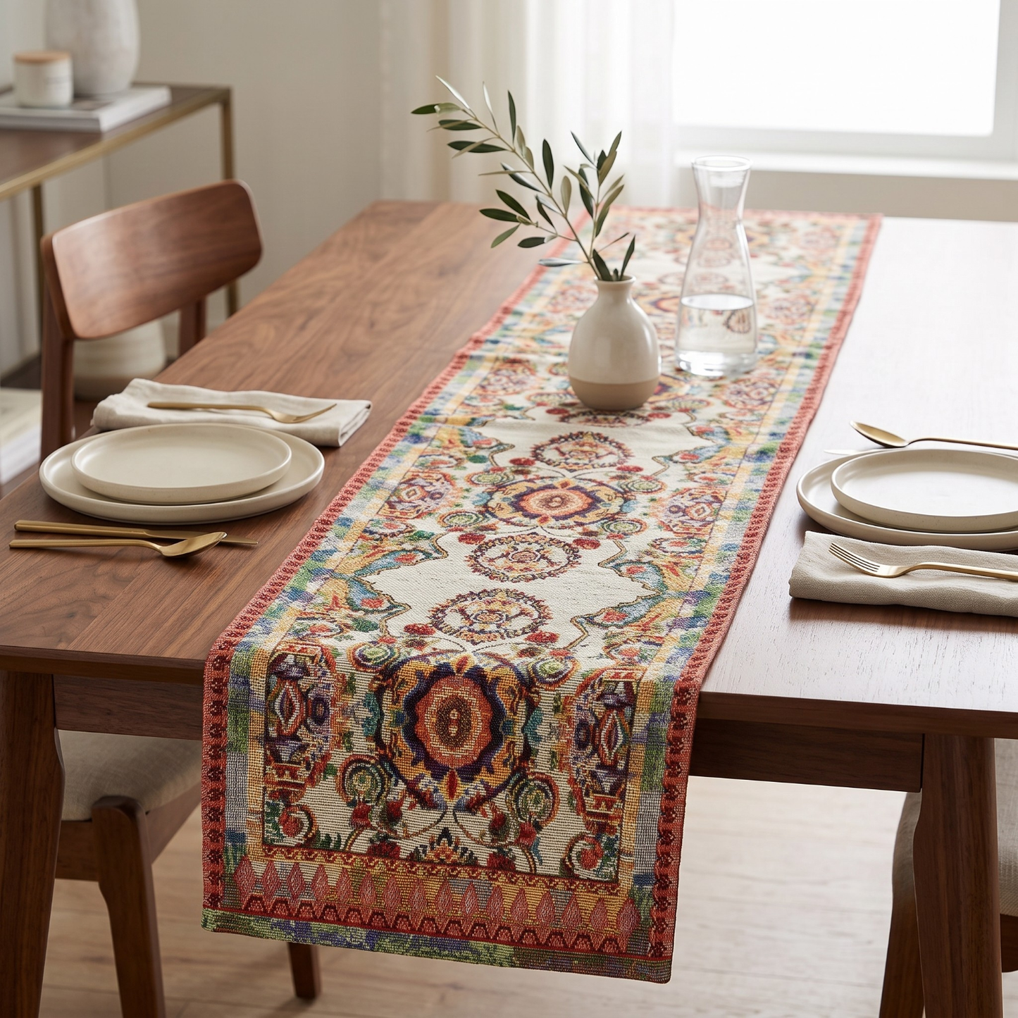 Tache Elegant Ivory Colorful Ornate Paisley Woven Tapestry Table Runner (18193)