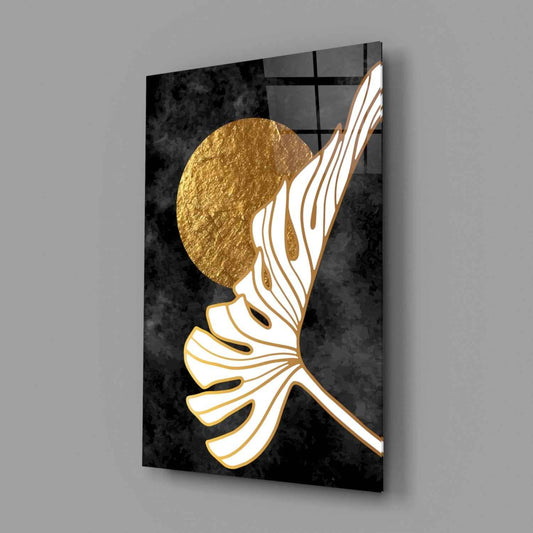 Gold Moon With Sweeping Palm Leaf Art Glass Wall Art