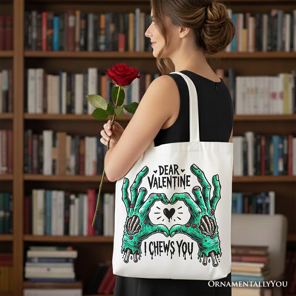 Zombie Valentine Hands I Chews You Canvas Tote Bag, Funny Bag for Horror Spring Season