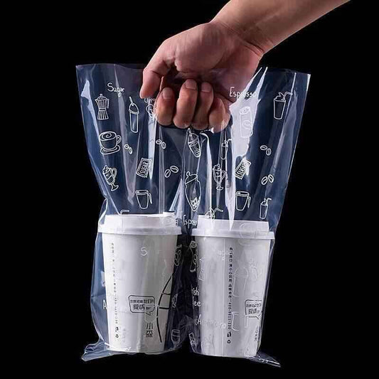 100-Pack Drink Carrier Bags – Clear Plastic 2-Cup Bag with Handle
